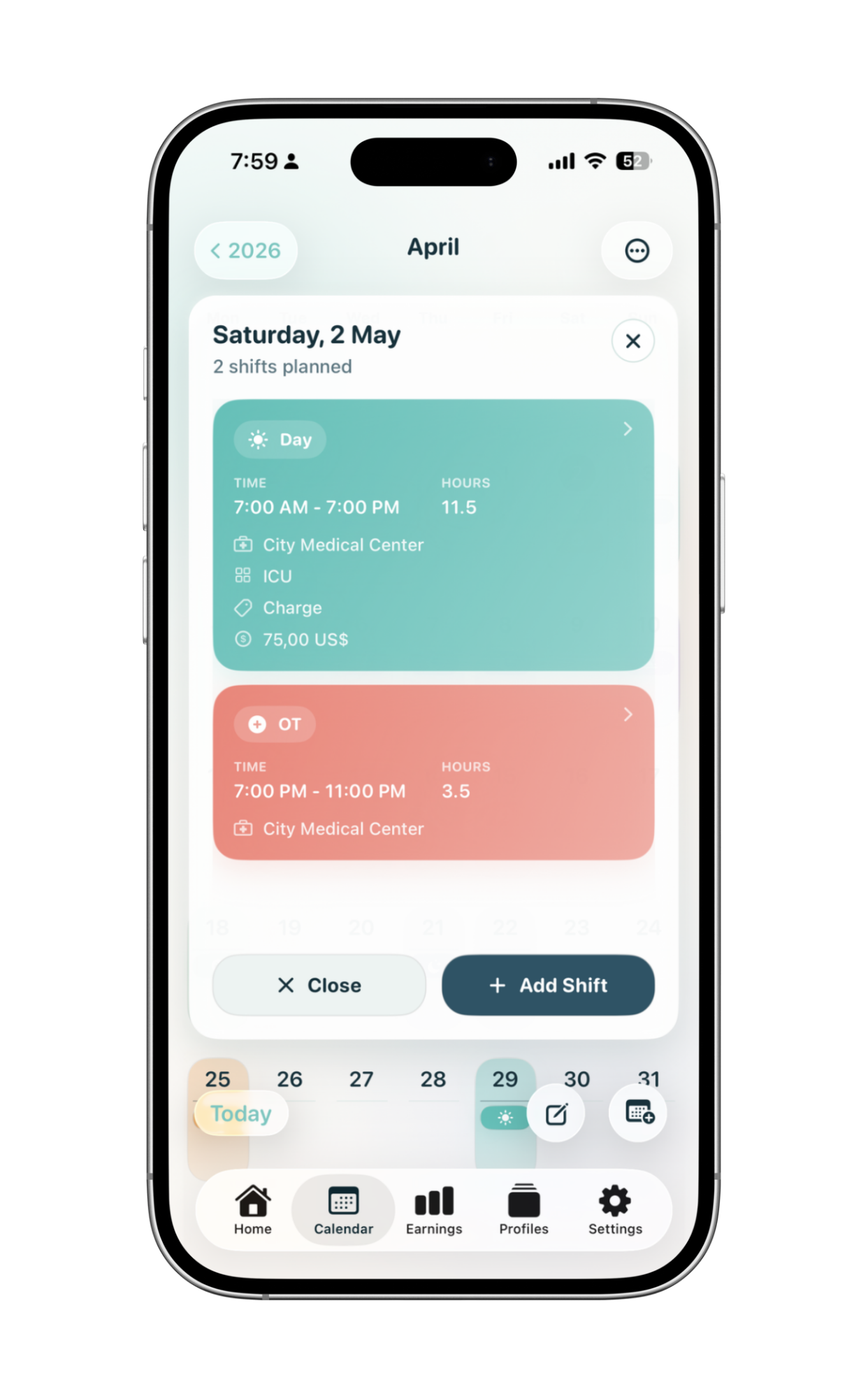 My Nurse Shift Planner pay and profile preview