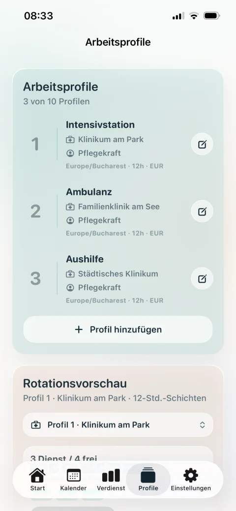 Arbeitsprofile in Mein Pflege-Dienstplan