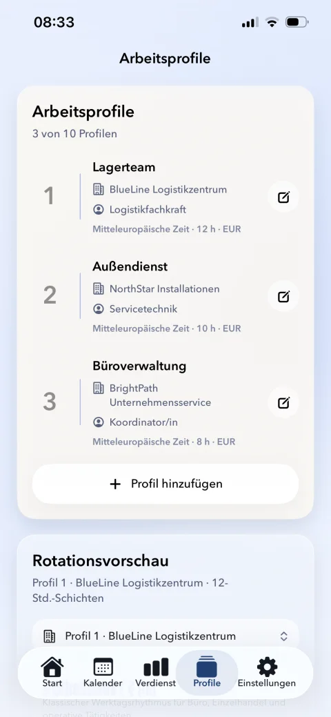 Arbeitsprofile in Mein Schichtplan