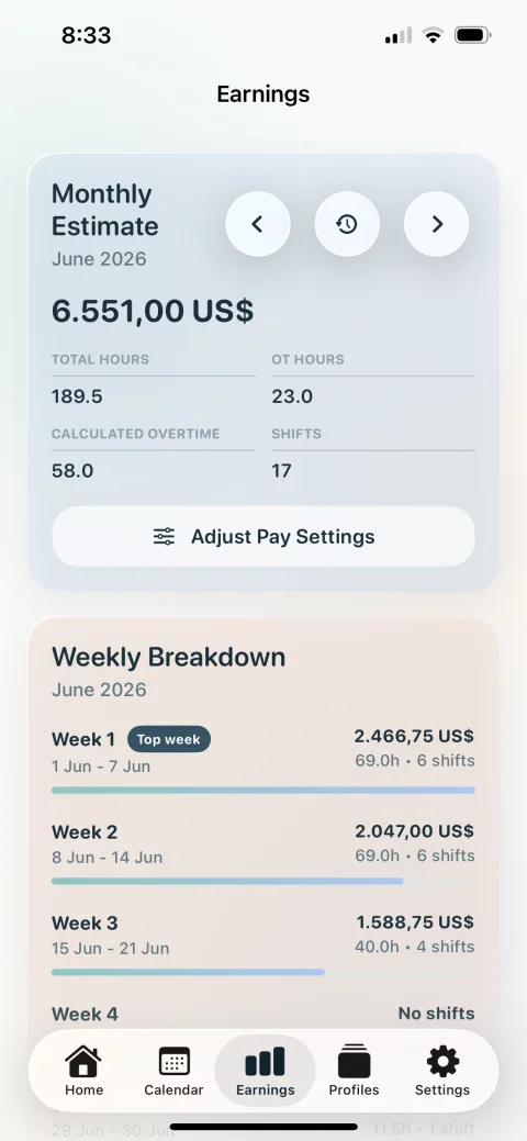 Monthly hours, overtime, shifts and estimated pay in My Nurse Shift Planner