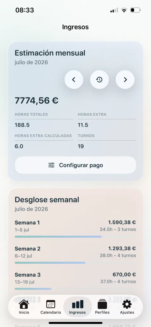 Pantalla en español de Mis Turnos de Enfermería con horas e ingresos estimados