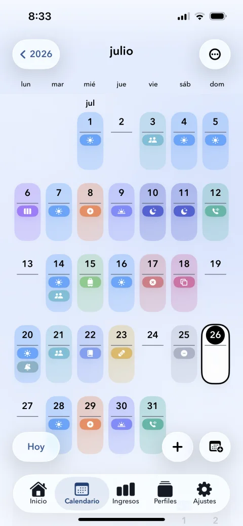 Pantalla en español de Mis Turnos de Trabajo con calendario mensual