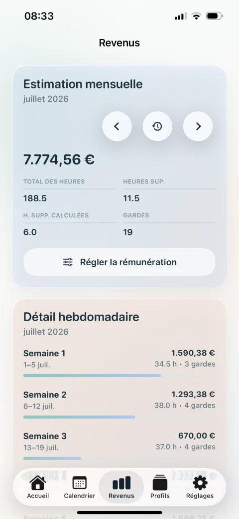 Estimation mensuelle du revenu dans Mon Planning Infirmier