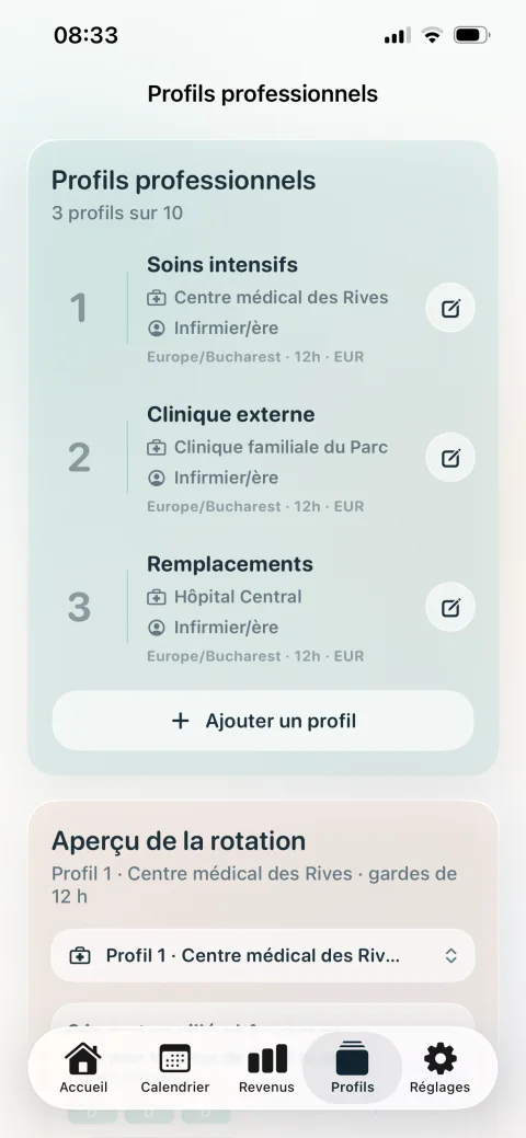 Profils professionnels dans Mon Planning Infirmier