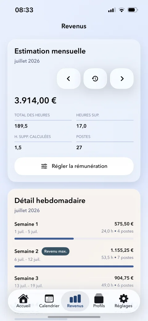 Estimation mensuelle du revenu dans Mon Planning de Travail