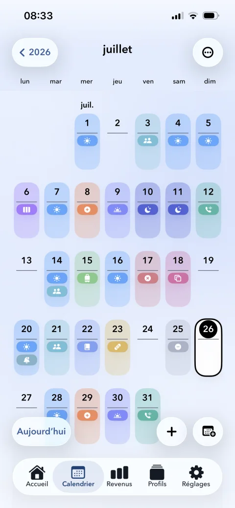 Écran en français de Mon Planning de Travail avec calendrier mensuel