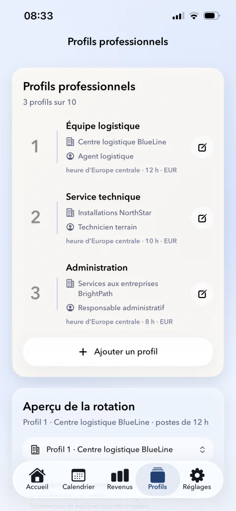 Profils professionnels dans Mon Planning de Travail
