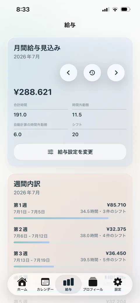 看護師シフト管理の月間収入見込み