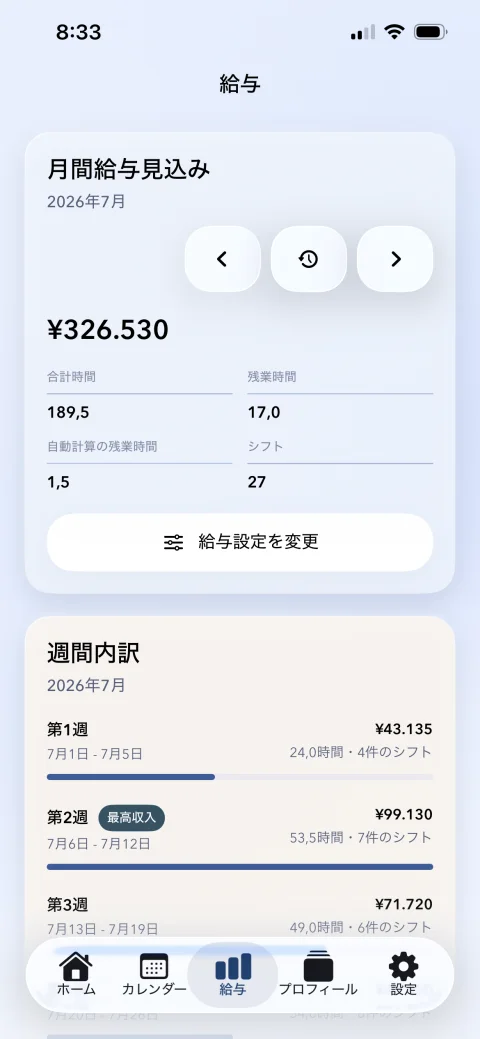勤務シフト管理の月間収入見込み