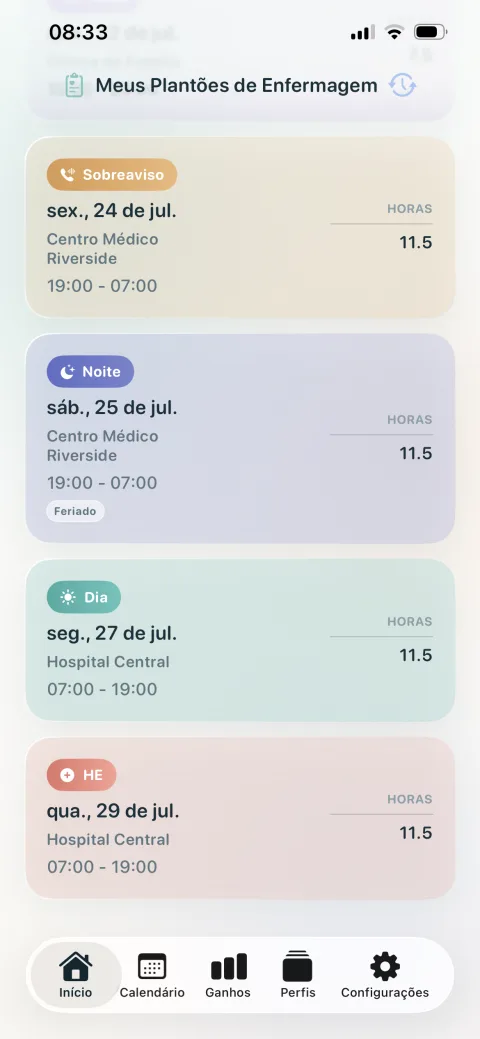 Tela em português de Meus Plantões de Enfermagem com estimativa mensal