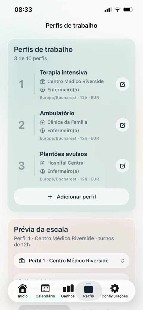 Perfis de trabalho no Meus Plantões de Enfermagem