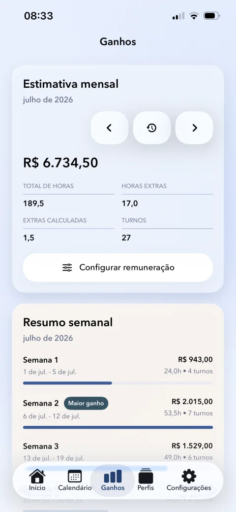 Estimativa mensal de ganhos no Meus Turnos de Trabalho