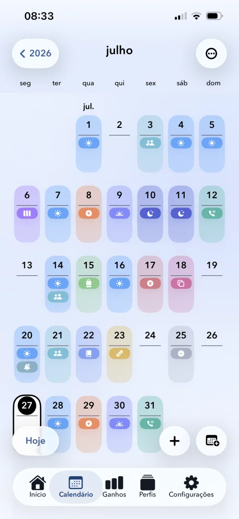 Tela em português de Meus Turnos de Trabalho com calendário mensal