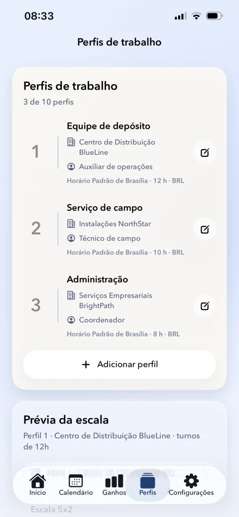 Perfis de trabalho no Meus Turnos de Trabalho