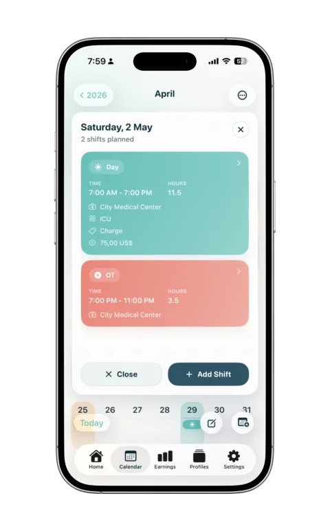 My Nurse Shift Planner hours, estimated pay and work profile preview