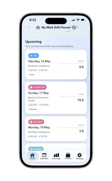 My Work Shift Planner estimated pay and work profile preview